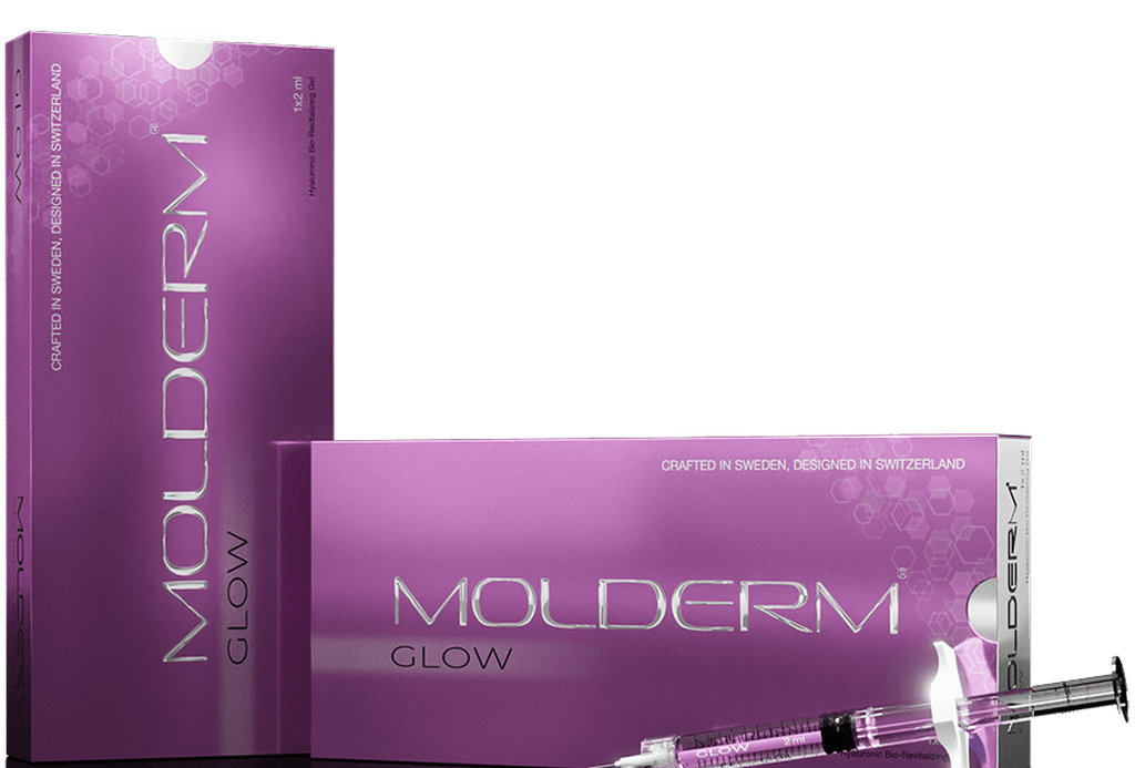 Förpackningen MOLDERM GLOW, en ask hyaluronsyra med spruta